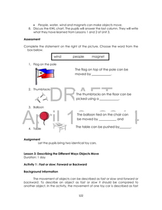 DRAFT
April 10, 2014
122
 People, water, wind and magnets can make objects move.
8. Discuss the KWL chart. The pupils will answer the last column. They will write
what they have learned from Lessons 1 and 2 of Unit 3.
Assessment
Complete the statement on the right of the picture. Choose the word from the
box below.
1. Flag on the pole
2. Thumbtacks
3. Balloon
4. Table
Assignment
Let the pupils bring two identical toy cars.
Lesson 3: Describing the Different Ways Objects Move
Duration: 1 day
Activity 1 : Fast or slow; Forward or Backward
Background Information
The movement of objects can be described as fast or slow and forward or
backward. To describe an object as fast or slow it should be compared to
another object. In the activity, the movement of one toy car is described as fast
The flag on top of the pole can be
moved by ____________.
The thumbtacks on the floor can be
picked using a ____________.
wind people magnet
The balloon tied on the chair can
be moved by ___________ and
______________.
The table can be pushed by_______.
 