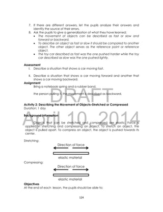 DRAFT
April 10, 2014
124
7. If there are different answers, let the pupils analyze their answers and
identify the source of their errors.
8. Ask the pupils to give a generalization of what they have learned:
 The movement of objects can be described as fast or slow and
forward or backward.
 To describe an object as fast or slow it should be compared to another
object. The other object serves as the reference point or reference
object.
 The toy car described as fast was the one pushed harder while the toy
car described as slow was the one pushed lightly.
Assessment
I. Describe a situation that shows a car moving fast.
II. Describe a situation that shows a car moving forward and another that
shows a car moving backward.
Assignment
Bring a notebook spring and a rubber band.
the person pulling it, the movement is described as backward.
Activity 2: Describing the Movement of Objects–Stretched or Compressed
Duration: 1 day
Background Information
Objects that can be stretched and compressed are elastic. Force is
applied in stretching and compressing an object. To stretch an object, the
object is pulled apart. To compress an object, the object is pushed towards its
center.
Stretching:
Compressing:
Objectives
At the end of each lesson, the pupils should be able to:
elastic material
Direction of force
applied
elastic material
Direction of force
applied
 