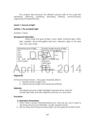 DRAFT
April 10, 2014
127
This chapter also enhance the different process skills of the pupils like
identifying, observing, classifying, describing, inferring, communicating,
organizing and experimenting.
Lesson 1: Sources of Light
Activity 1. The wonderful Light
Duration: 2 days
Background Information
Other things that give off light: moon, firefly, Christmas light, traffic
light, spotlight, disco/mirror/glitter ball, lava, television, glow in the dark
toys, oven, gas range
Natural sources of light Human-made sources of light
Sun
star
lava
firefly
fire (can be natural or
man-made)
fire (from wood, lighter)
candle
bulbs
flashlight
glow in the dark toys
television
traffic light
oven
spotlight
Christmas lights
Objectives
At the end of each lesson, the pupils should be able to:
1. identify sources of light; and
2. classify sources of light into natural and artificial.
Materials
real objects (sources of light: flashlight, kerosene lamp, matches
candle, light bulb, pictures of lighted charcoal, sun, and moon
Procedure
A. Motivation/Presentation
1. When there is power interruption/brownout, what do you use in order to
see things around you? (flashlight, candle, kerosene lamp)
2. Ask the class what they know about light. Let the pupils do the KWL Chart.
 