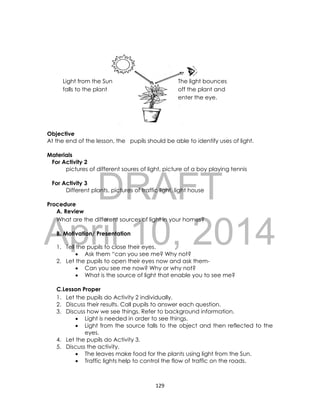 DRAFT
April 10, 2014
129
Objective
At the end of the lesson, the pupils should be able to identify uses of light.
Materials
For Activity 2
pictures of different soures of light, picture of a boy playing tennis
For Activity 3
Different plants, pictures of traffic light, light house
Procedure
A. Review
What are the different sources of light in your homes?
B. Motivation/ Presentation
1. Tell the pupils to close their eyes.
 Ask them “can you see me? Why not?
2. Let the pupils to open their eyes now and ask them-
 Can you see me now? Why or why not?
 What is the source of light that enable you to see me?
C.Lesson Proper
1. Let the pupils do Activity 2 individually.
2. Discuss their results. Call pupils to answer each question.
3. Discuss how we see things. Refer to background information.
 Light is needed in order to see things.
 Light from the source falls to the object and then reflected to the
eyes.
4. Let the pupils do Activity 3.
5. Discuss the activity.
 The leaves make food for the plants using light from the Sun.
 Traffic lights help to control the flow of traffic on the roads.
Light from the Sun
falls to the plant
The light bounces
off the plant and
enter the eye.
 