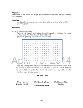 DRAFT
April 10, 2014
165
Objective
At the end of the lesson, the pupils should be able to describe the appearance
of the clouds.
Materials
word puzzle; charts showing pupils’ description and observations of the
sky , KWL chart
Procedure
A. Motivation/ Presentation
1. Post the word puzzle on the board . Ask the pupils to encircle the words
in the puzzle. Ask them to write it on the board.
( thunder, lightning, wind, clouds, rain, weather )
Using the word puzzle, ask your pupils to list in column one all words that
are familiar to them. In column two, ask them to write the words that are
not familiar to them. Under the column with unfamiliar words, let them write
what they want to know about it.
The KWL Chart
What I know
(Familiar Words)
What I want to know
( Not Familiar Words)
What I learned(Very
Familiar)
 