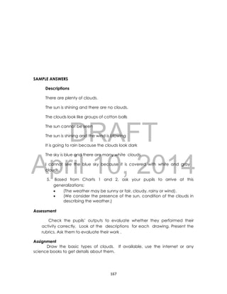 DRAFT
April 10, 2014
167
SAMPLE ANSWERS
Descriptions
There are plenty of clouds.
The sun is shining and there are no clouds.
The clouds look like groups of cotton balls
The sun cannot be seen
The sun is shining and the wind is blowing
It is going to rain because the clouds look dark
The sky is blue and there are many white clouds
I cannot see the blue sky because it is covered with white and gray
clouds.
5. Based from Charts 1 and 2, ask your pupils to arrive at this
generalizations;
 (The weather may be sunny or fair, cloudy, rainy or wind).
 (We consider the presence of the sun, condition of the clouds in
describing the weather.)
Assessment
Check the pupils’ outputs to evaluate whether they performed their
activity correctly. Look at the descriptions for each drawing. Present the
rubrics. Ask them to evaluate their work .
Assignment
Draw the basic types of clouds. If available, use the internet or any
science books to get details about them.
 