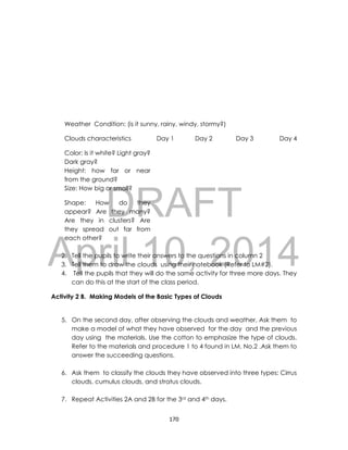 DRAFT
April 10, 2014
170
Weather Condition: (is it sunny, rainy, windy, stormy?)
Clouds characteristics Day 1 Day 2 Day 3 Day 4
Color: Is it white? Light gray?
Dark gray?
Height: how far or near
from the ground?
Size: How big or small?
Shape: How do they
appear? Are they many?
Are they in clusters? Are
they spread out far from
each other?
2. Tell the pupils to write their answers to the questions in column 2
3. Tell them to draw the clouds using their notebook (Refer to LM#2).
4. Tell the pupils that they will do the same activity for three more days. They
can do this at the start of the class period.
Activity 2 B. Making Models of the Basic Types of Clouds
5. On the second day, after observing the clouds and weather, Ask them to
make a model of what they have observed for the day and the previous
day using the materials. Use the cotton to emphasize the type of clouds.
Refer to the materials and procedure 1 to 4 found in LM. No.2 .Ask them to
answer the succeeding questions.
6. Ask them to classify the clouds they have observed into three types: Cirrus
clouds, cumulus clouds, and stratus clouds.
7. Repeat Activities 2A and 2B for the 3rd and 4th days.
 