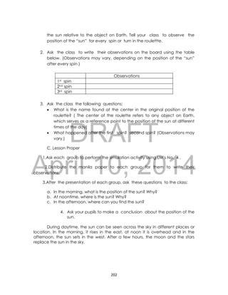 DRAFT
April 10, 2014
202
the sun relative to the object on Earth. Tell your class to observe the
position of the “sun” for every spin or turn in the roulettte.
2. Ask the class to write their observations on the board using the table
below. (Observations may vary, depending on the position of the “sun”
after every spin )
3. Ask the class the following questions;
 What is the name found at the center in the original position of the
roulette? ( The center of the roulette refers to any object on Earth,
which serves as a reference point to the position of the sun at different
times of the day)
 What happened after the first spin? second spin? (Observations may
vary.)
C. Lesson Proper
1.Ask each group to perform the simulation activity using LM’s No. 4 .
2.Distribute the manila paper to each group for them to write their
observations.
3.After the presentation of each group, ask these questions to the class:
a. In the morning, what is the position of the sun? Why?
b. At noontime, where is the sun? Why?
c. In the afternoon, where can you find the sun?
4. Ask your pupils to make a conclusion about the position of the
sun.
During daytime, the sun can be seen across the sky in different places or
location. In the morning, it rises in the east, at noon it is overhead and in the
afternoon, the sun sets in the west. After a few hours, the moon and the stars
replace the sun in the sky.
Observations
1st spin
2nd spin
3rd spin
 