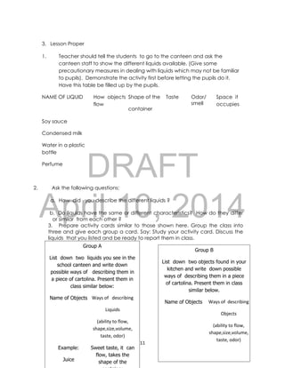 DRAFT
April 10, 2014
11
3. Lesson Proper
1. Teacher should tell the students to go to the canteen and ask the
canteen staff to show the different liquids available. (Give some
precautionary measures in dealing with liquids which may not be familiar
to pupils). Demonstrate the activity first before letting the pupils do it.
Have this table be filled up by the pupils.
NAME OF LIQUID How objects
flow
Shape of the
container
Taste Odor/
smell
Space it
occupies
Soy sauce
Condensed milk
Water in a plastic
bottle
Perfume
2. Ask the following questions:
a. How did you describe the different liquids ?
b. Do liquids have the same or different characteristics? How do they differ
or similar from each other ?
3. Prepare activity cards similar to those shown here. Group the class into
three and give each group a card. Say: Study your activity card. Discuss the
liquids that you listed and be ready to report them in class.
Group A
List down two liquids you see in the
school canteen and write down
possible ways of describing them in
a piece of cartolina. Present them in
class similar below:
Name of Objects Ways of describing
Liquids
(ability to flow,
shape,size,volume,
taste, odor)
Example:
Juice
Sweet taste, it can
flow, takes the
shape of the
Group B
List down two objects found in your
kitchen and write down possible
ways of describing them in a piece
of cartolina. Present them in class
similar below.
Name of Objects Ways of describing
Objects
(ability to flow,
shape,size,volume,
taste, odor)
 