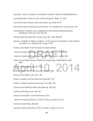 DRAFT
April 10, 2014
220
Learning Guide in Science and Health. Grade IV. Wind and Speed Direction
Learning Guide in Science and Health. Grade IV. Warm or Cool.
My Pals are Here! Science 3B Activity Book, pp. 36-43, 59-79
My Pals are Here! 3A Science Activity Book,, Dr. KwaSiewHwa, Goh Sao-Ee, Teo-
GwanWaiLan, KohSiew Luan, Published by Marshall Cavendish Education
Singapore ,2010, pp. 47-57, 89-105.
Pioneering School Teachers’ Guide 3, pp. 322 – 333, 382-397
Romero, Angelita D, Biteng, Oralla P., et.al. Science and Health 4. Rex Printing
Company, Inc. Quezon City, August 1995.
Science and Health 4 DLP Module 43. DepEd- BEAM.
Science, Health and Environment by Lilia R. Villanueva, p. 205-208
Science, Health and Environment by Lilia R. Villanueva, p. 205-208
Science and Health Grade 4. BEAM Learning Guide, DepEd-BEAM, April
2009.
Science and Health 3, pp.182 – 185
Science, Health and the Environment pp.230 – 231
Science and Health 3, pp.182 – 185
Science, Health and the Environment pp.230 – 231
Science , Health and the Environment pp. 230 – 231
Science and Health for Better Life Series pp. 182-183
Science for Everyone pp. 143-144
Science and health, Coronel, Romero p.166
Teacher”s Guide (TG) G3 p. 37-39, p. 50-52, p. 63-65, p. 94-116
Science Quest TG3 p. 200-205
Teacher”s Guide (TG) G3 p. 37-39, p. 50-52, p. 63-65, p. 94-116
 