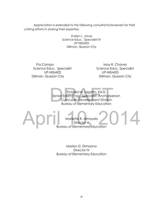 DRAFT
April 10, 2014
vi
Appreciation is extended to the following consultants/reviewers for their
untiring efforts in sharing their expertise:
Evelyn L. Josue
Science Educ. Specialist IV
UP-NISMED
Diliman, Quezon City
Pia Campo May R. Chavez
Science Educ. Specialist Science Educ. Specialist
UP-NISMED UP-NISMED
Diliman, Quezon City Diliman, Quezon City
Trinidad M. Lagarto, Ed.D.
Senior Educ. Prog. Specialist, Anchorperson
Curriculum Development Division
Bureau of Elementary Education
Marilette R. Almayda
Director III
Bureau of Elementary Education
Marilyn D. Dimaano
Director IV
Bureau of Elementary Education
 