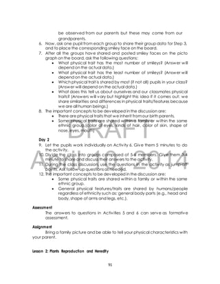 be observed from our parents but these may come from our 
grandparents. 
6. Now, ask one pupil from each group to share their group data for Step 3, 
and to place the corresponding smiley face on the board. 
7. After all the groups have shared and posted smiley faces on the picto 
graph on the board, ask the following questions: 
 What physical trait has the most number of smileys? (Answer will 
depend on the actual data.) 
 What physical trait has the least number of smileys? (Answer will 
depend on the actual data.) 
 Which physical trait is shared by most (if not all) pupils in your class? 
(Answer will depend on the actual data.) 
 What does this tell us about ourselves and our classmates physical 
traits? (Answers will vary but highlight this idea if it comes out: we 
share similarities and differences in physical traits/features because 
we are all human beings.) 
8. The important concepts to be developed in the discussion are: 
 There are physical traits that we inherit from our birth parents. 
 Some physical traits are shared within a family or within the same 
DRAFT 
ethnic group.(color of eyes, kinds of hair, color of skin, shape of 
nose, eyes, mouth) 
Day 2 
9. Let the pupils work individually on Activ ity 6. Give them 5 minutes to do 
the activ ity. 
April 10. Div ide the class into groups composed of 5-6 members. Give them 3-4 
minute to share and discuss 10, their answers to the 2014 
activity. 
11. During the class discussion, use the questions in the activ ity as jump-off 
points. Ask follow-up questions as needed. 
12. The important concepts to be developed in the discussion are: 
 Some physical traits are shared within a family or within the same 
ethnic group. 
 General physical features/traits are shared by humans/people 
regardless of ethnicity such as: general body parts (e.g., head and 
body, shape of arms and legs, etc.). 
Assessment 
The answers to questions in Activ ities 5 and 6 can serve as formative 
assessment. 
Assignment 
Bring a family picture and be able to tell your physical characteristics with 
your parent. 
Lesson 2: Plants Reproduction and Heredity 
91 
 
