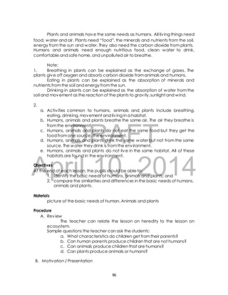 Plants and animals have the same needs as humans. All liv ing things need 
food, water and air. Plants need “food”, the minerals and nutrients from the soil, 
energy from the sun and water. They also need the carbon dioxide from plants. 
Humans and animals need enough nutritious food, clean water to drink, 
comfortable and safe home, and unpolluted air to breathe. 
1. Breathing in plants can be explained as the exchange of gases. The 
plants give off oxygen and absorb carbon dioxide from animals and humans. 
Eating in plants can be explained as the absorption of minerals and 
nutrients from the soil and energy from the sun. 
Drinking in plants can be explained as the absorption of water from the 
soil and movement as the reaction of the plants to gravity, sunlight and wind. 
a. Activ ities common to humans, animals and plants include breathing, 
eating, drinking, movement and liv ing in a habitat. 
b. Humans, animals and plants breathe the same air. The air they breathe is 
from the environment. 
DRAFT 
Note: 
2. 
c. Humans, animals and plants do not eat the same food but they get the 
food from one source, the environment. 
d. Humans, animals and plants drink the same water but not from the same 
source. The water they drink is from the environment. 
e. Humans, animals and plants do not live in the same habitat. All of these 
habitats are found in the environment. 
April Objectives 
10, 2014 
At the end of each lesson, the pupils should be able to: 
1. identify the basic needs of humans, animals and plants; and 
2. compare the similarities and differences in the basic needs of humans, 
animals and plants. 
Materials 
picture of the basic needs of human. Animals and plants 
Procedure 
A. Review 
The teacher can relate the lesson on heredity to the lesson on 
ecosystem. 
Sample questions the teacher can ask the students: 
a. What characteristics do children get from their parents? 
b. Can human parents produce children that are not humans? 
c. Can animals produce children that are humans? 
d. Can plants produce animals or humans? 
B. Motivation / Presentation 
96 
 
