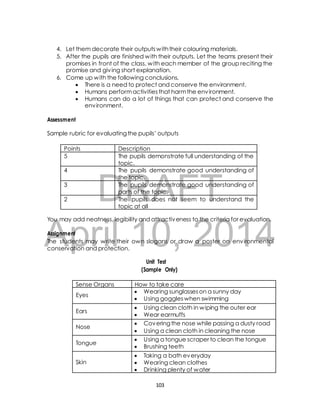 4. Let them decorate their outputs with their colouring materials. 
5. After the pupils are finished with their outputs. Let the teams present their 
promises in front of the class, with each member of the group reciting the 
promise and giv ing short explanation. 
6. Come up with the following conclusions. 
 There is a need to protect and conserve the environment. 
 Humans perform activities that harm the environment. 
 Humans can do a lot of things that can protect and conserve the 
environment. 
Sample rubric for evaluating the pupils’ outputs 
Points Description 
5 The pupils demonstrate full understanding of the 
topic. 
4 The pupils demonstrate good understanding of 
DRAFT 
Assessment 
the topic. 
3 The pupils demonstrate good understanding of 
parts of the topic. 
2 The pupils does not seem to understand the 
topic at all 
You may add neatness, legibility and attractiveness to the criteria for evaluation. 
April Assignment 
10, 2014 
The students may write their own slogans or draw a poster on environmental 
conservation and protection. 
Unit Test 
(Sample Only) 
Sense Organs How to take care 
Eyes 
 Wearing sunglasses on a sunny day 
 Using goggles when swimming 
103 
Ears 
 Using clean cloth in wiping the outer ear 
 Wear earmuffs 
Nose 
 Covering the nose while passing a dusty road 
 Using a clean cloth in cleaning the nose 
Tongue 
 Using a tongue scraper to clean the tongue 
 Brushing teeth 
Skin 
 Taking a bath everyday 
 Wearing clean clothes 
 Drinking plenty of water 
 