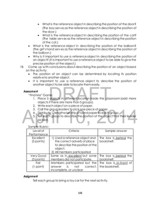  What is the reference object in describing the position of the door? 
(The boy serves as the reference object in describing the position of 
the door.) 
 What is the reference object in describing the position of the cat? 
(The table serves as the reference object in describing the position 
of the cat.) 
 What is the reference object in describing the position of the balloon? 
(The girl’s hand serves as the reference object in describing the position of 
the balloon.) 
 Why is it important to use a reference object in describing the position of 
an object? (I t is important to use a reference object to be able to give the 
precise position of the object.) 
18. Come up with conclusions about describing the position of an object based 
on the activ ity: 
 The position of an object can be determined by locating its position 
relative to another object. 
 I t is important to use a reference object to describe the position of 
another object to be able to locate them easily. 
DRAFT 
Assessment 
“Find Me” Game: 
1. Place 5 objects in different location inside the classroom (add more 
objects if there are more than 5 groups). 
2. Write each object on a piece of paper. 
3. Call the group leaders to pick one piece of paper. 
4. Distribute ¼ lengthwise strip of bond paper to each group. 
5. Tell each group to describe the position of the object that their leader 
April 10, 2014 
picked. 
Sample Rubric: 
Assignment 
Tell each group to bring a toy car for the next activ ity. 
108 
Level of 
Performance 
Criteria Sample answer 
Excellent 
(5 points) 
1) Used a reference object and 
the correct adverb of place 
to describe the position of the 
object. 
2) All members participated 
The box is behind the 
bookshelf. 
Very Good 
(3 points) 
Same as in excellent but some 
members did not participate. 
The box is behind the 
bookshelf. 
Fair 
(1 point) 
Members participated but the 
answer is not correct, 
incomplete, or unclear 
The box is in f ront of 
the bookshelf. 
 