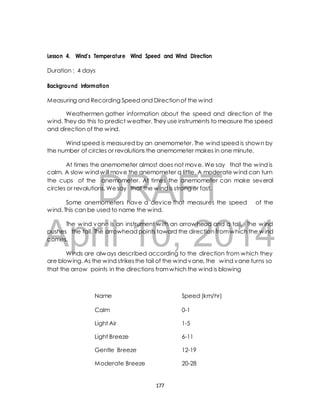 Lesson 4. Wind’s Temperature Wind Speed and Wind Direction 
Background Information 
Measuring and Recording Speed and Direction of the wind 
Weathermen gather information about the speed and direction of the 
wind. They do this to predict weather. They use instruments to measure the speed 
and direction of the wind. 
Wind speed is measured by an anemometer. The wind speed is shown by 
the number of circles or revolutions the anemometer makes in one minute. 
At times the anemometer almost does not move. We say that the wind is 
calm. A slow wind will move the anemometer a little. A moderate wind can turn 
the cups of the anemometer. At times the anemometer can make several 
circles or revolutions. We say that the wind is strong or fast. 
DRAFT 
Duration : 4 days 
Some anemometers have a device that measures the speed of the 
wind. This can be used to name the wind. 
April The wind vane is an instrument 10, with an arrowhead 2014 
and a tail. The wind 
pushes the tail. The arrowhead points toward the direction from which the wind 
comes. 
Winds are always described according to the direction from which they 
are blowing. As the wind strikes the tail of the wind vane, the wind vane turns so 
that the arrow points in the directions from which the wind is blowing 
Name Speed (km/hr) 
Calm 0-1 
Light Air 1-5 
Light Breeze 6-11 
Gentle Breeze 12-19 
Moderate Breeze 20-28 
177 
 