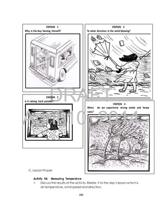 STATION 1 
Why is the boy fanning himself? 
STATION 3 
To what direction is the wind blowing? 
DRAFT 
STATION 2 
Is it raining hard outside? 
STATION 4 
When do we experience strong winds and heavy 
rains? 
April 10, 2014 
C. Lesson Proper 
Activity 4A: Measuring Temperature 
1. Discuss the results of the activ ity. Relate it to the day’s lesson which is 
air temperature, wind speed and direction. 
180 
 