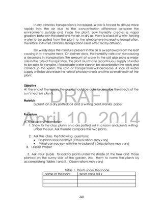 In dry climates transpiration is increased. Water is forced to diffuse more 
rapidly into the air due to the concentration difference between the 
environments outside and inside the plant. Low humidity creates a vapor 
gradient between the plant and the air. In dry air, there is a lack of water, forcing 
water to be pulled from the plant to the atmosphere increasing transpiration. 
Therefore, in humid climates, transpiration is less effected by diffusion 
On windy days the moisture present in the air is swept away from the leaf 
causing it to transpire more. On calmer days, the humidity rate can rise causing 
a decrease in transpiration. The amount of water in the soil also plays a major 
role in the rate of transpiration. The plant must have a continuous supply of water 
to be able to transpire. I f adequate water cannot be absorbed by the roots and 
carried up the xylem, the rate of transpiration will decrease. A lack of water 
supply will also decrease the rate of photosynthesis and the overall health of the 
plant. 
Objective 
At the end of the lesson, the pupils should be able to describe the effects of the 
sun’s heat on plants. 
DRAFT 
April 10, 2014 
Table 1. Plants under the shade 
Materials 
a plant on a dry potted soil and a wilting plant, manila paper 
Procedure 
A. Motivation/Presentation 
1. Show to the class plants on a dry potted soil in a room and plants wilting 
under the sun. Ask them to compare the two plants. 
2. Ask the class the following questions; 
 Do plants look healthy? ( Observations may vary) 
 What can you say with the two plants? ( Descriptions may vary) 
B. Lesson Proper 
3. Ask your pupils to look for plants under the shade of the tree and those 
planted on the sunny side of the garden. Ask them to name the plants by 
accomplishing Tables 1and 2. ( Observations may vary) 
Name of the Plant What can I tell ? 
210 
 
