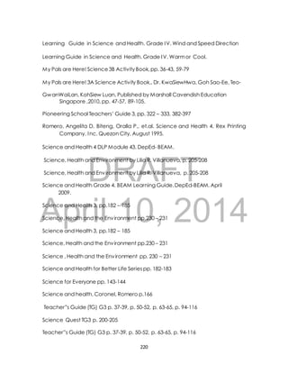 Learning Guide in Science and Health. Grade IV. Wind and Speed Direction 
Learning Guide in Science and Health. Grade IV. Warm or Cool. 
My Pals are Here! Science 3B Activity Book, pp. 36-43, 59-79 
My Pals are Here! 3A Science Activity Book,, Dr. KwaSiewHwa, Goh Sao-Ee, Teo- 
GwanWaiLan, KohSiew Luan, Published by Marshall Cavendish Education 
Singapore ,2010, pp. 47-57, 89-105. 
Pioneering School Teachers’ Guide 3, pp. 322 – 333, 382-397 
Romero, Angelita D, Biteng, Oralla P., et.al. Science and Health 4. Rex Printing 
Company, Inc. Quezon City, August 1995. 
Science and Health 4 DLP Module 43. DepEd- BEAM. 
DRAFT 
Science, Health and Environment by Lilia R. Villanueva, p. 205-208 
Science, Health and Environment by Lilia R. Villanueva, p. 205-208 
Science and Health Grade 4. BEAM Learning Guide, DepEd-BEAM, April 
2009. 
April Science and Health 3, pp.182 10, – 185 
2014 
Science, Health and the Environment pp.230 – 231 
Science and Health 3, pp.182 – 185 
Science, Health and the Environment pp.230 – 231 
Science , Health and the Environment pp. 230 – 231 
Science and Health for Better Life Series pp. 182-183 
Science for Everyone pp. 143-144 
Science and health, Coronel, Romero p.166 
Teacher”s Guide (TG) G3 p. 37-39, p. 50-52, p. 63-65, p. 94-116 
Science Quest TG3 p. 200-205 
Teacher”s Guide (TG) G3 p. 37-39, p. 50-52, p. 63-65, p. 94-116 
220 
 