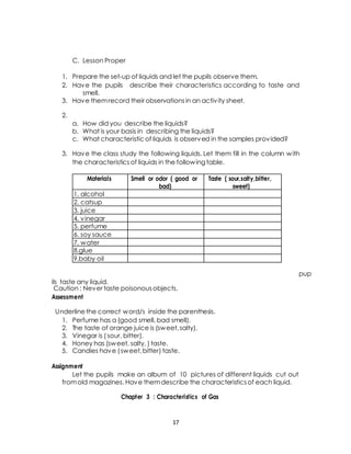 C. Lesson Proper 
1. Prepare the set-up of liquids and let the pupils observe them. 
2. Have the pupils describe their characteristics according to taste and 
smell. 
3. Have them record their observations in an activ ity sheet. 
2. 
a. How did you describe the liquids? 
b. What is your basis in describing the liquids? 
c. What characteristic of liquids is observed in the samples provided? 
3. Have the class study the following liquids. Let them fill in the column with 
the characteristics of liquids in the following table. 
Materials Smell or odor ( good or 
Note 
: 
The 
teacher 
should 
provide 
precautionary 
measures 
before 
letting 
the 
pup 
ils taste any liquid. 
Caution : Never taste poisonous objects. 
Assessment 
Underline the correct word/s inside the parenthesis. 
1. Perfume has a (good smell, bad smell). 
2. The taste of orange juice is (sweet, salty). 
3. Vinegar is ( sour, bitter). 
4. Honey has (sweet, salty, ) taste. 
5. Candies have ( sweet, bitter) taste. 
Assignment 
Let the pupils make an album of 10 pictures of different liquids cut out 
from old magazines. Have them describe the characteristics of each liquid. 
Chapter 3 : Characteristics of Gas 
17 
bad) 
Taste ( sour,salty,bitter, 
sweet) 
1. alcohol 
2. catsup 
3. juice 
4. vinegar 
5. perfume 
6. soy sauce 
7. water 
8.glue 
9.baby oil 
 