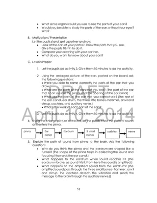  What sense organ would you use to see the parts of your ears? 
 Would you be able to study the parts of the ears without your eyes? 
Why? 
B. Motivation / Presentation 
Let the pupils stand, get a partner and say: 
 Look at the ears of your partner. Draw the parts that you see. 
Give the pupils 10 min to do it. 
 Compare your drawing with your partner. 
 What do you want to know about your ears? 
C. Lesson Proper 
1. Let the pupils do activ ity 3. Give them 10 minutes to do the activ ity. 
2. Using the enlarged picture of the ears posted on the board, ask 
the following questions: 
 Were you able to name correctly the parts of the ear that you 
draw. 
 What that DRAFT 
are the parts of the ears that you see? (The part of the ear 
I can see are the pinna, and the opening of the ear canal) 
 What are the parts of the ear that you cannot see? (The rest of 
the ear canal, ear drum, the three little bones- hammer, anvil and 
stirrup, cochlea, and auditory nerve.) 
 What is the work of each part of the ears? 
April 3. Let the pupils do 10, activ ity 4. Give them 10 2014 
minutes to do the activ ity 
4. Using the enlarge picture of the ear, let the pupils trace the path of sound 
as it enters the pinna. 
pinna Ear 
canal 
Eardrum 3 small 
bones 
cochlea nerve 
5. Explain the path of sound from pinna to the brain. Ask the following 
questions: 
 Why do you think the pinna and the eardrum are shaped like a 
funnel? (The shape of the pinna helps in collecting the sound and 
focusing it towards the ear canal.) 
 What happens to the eardrum when sound reaches it? (The 
eardrum vibrates as sound hits it. From here the sound is amplified.) 
 What happens to the amplified sound from the eardrum? (The 
amplified sound pass through the three small bones - hammer, anvil 
and stirrup. The cochlea detects the vibration and sends the 
message to the brain through the auditory nerve.)) 
51 
 