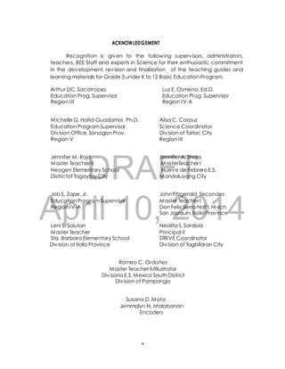 ACKNOWLEDGEMENT 
Recognition is given to the following supervisors, administrators, 
teachers, BEE Staff and experts in Science for their enthusiastic commitment 
in the development, revision and finalization of the teaching guides and 
learning materials for Grade 3 under K to 12 Basic Education Program. 
Arthur DC. Sacatropes Luz E. Osmena, Ed.D. 
Education Prog. Supervisor Education Prog. Supervisor 
Region I II Region IV-A 
Michelle G. Hatid-Guadamor, Ph.D. Aiisa C. Corpuz 
Education Program Supervisor Science Coordinator 
Div ision Office, Sorsogon Prov. Div ision of Tarlac City 
Region V Region I II 
Jennifer M. Rojo Jennifer A. Tinaja 
Master Teacher II MasterTeacher I 
Neogen Elementary School Nueve de Febrero E.S. 
Districtof Tagaytay City Mandaluyong City 
DRAFT 
Job S. Zape, Jr. John Fitzgerald Secondes 
Education Program Supervisor Master Teacher I 
Region IV-A Don Felix Serra Nat’l. Hi-sch 
April 10, San Jaoquin, 2014 
Iloilo Province 
Leni S. Solutan Neolita S. Sarabia 
Master Teacher Principal II 
Sta. Barbara Elementary School STRIVE Coordinator 
Div ision of Iloilo Province Div ision of Tagbilaran City 
Romeo C. Ordoňez 
Master Teacher II/Illustrator 
Div isoria E.S. Mexico South District 
Div ision of Pampanga 
Susana D. Mota 
Jemmalyn N. Malabanan 
Encoders 
v 
 