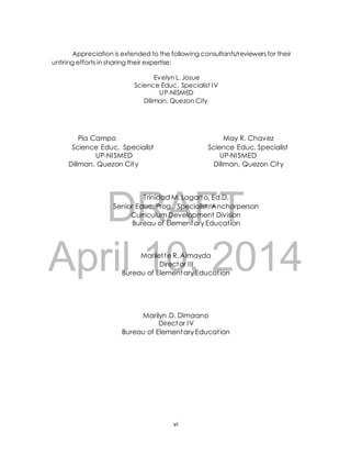 Appreciation is extended to the following consultants/reviewers for their 
untiring efforts in sharing their expertise: 
Evelyn L. Josue 
Science Educ. Specialist IV 
UP-NISMED 
Diliman, Quezon City 
Pia Campo May R. Chavez 
Science Educ. Specialist Science Educ. Specialist 
UP-NISMED UP-NISMED 
Diliman, Quezon City Diliman, Quezon City 
DRAFT 
Trinidad M. Lagarto, Ed.D. 
Senior Educ. Prog. Specialist , Anchorperson 
Curriculum Development Division 
Bureau of Elementary Educat ion 
April Marilet 10, te R. Almayda 
2014 
Director I II 
Bureau of Elementary Educat ion 
Marilyn D. Dimaano 
Director IV 
Bureau of Elementary Educat ion 
vi 
 