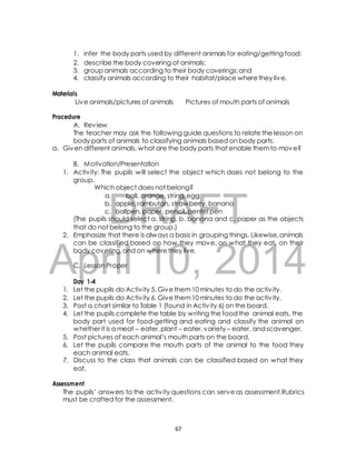 1. infer the body parts used by different animals for eating/getting food; 
2. describe the body covering of animals; 
3. group animals according to their body coverings; and 
4. classify animals according to their habitat/place where they live. 
Live animals/pictures of animals Pictures of mouth parts of animals 
A. Review 
The teacher may ask the following guide questions to relate the lesson on 
body parts of animals to classifying animals based on body parts. 
a. Given different animals, what are the body parts that enable them to move? 
B. Motivation/Presentation 
1. Activ ity: The pupils will select the object which does not belong to the 
Which object does not belong? 
a. ball, orange, string, egg 
b. apple, rambutan, strawberry, banana 
c. ballpen, paper, pencil, pentel pen 
DRAFT 
Materials 
Procedure 
group. 
(The pupils should select a. string, b. banana and c. paper as the objects 
that do not belong to the group.) 
2. Emphasize that there is always a basis in grouping things. Likewise, animals 
can be classified based on how they move, on what they eat, on their 
body covering, and on where they live. 
April C. Lesson Proper 
10, 2014 
Day 1-4 
1. Let the pupils do Activ ity 5. Give them 10 minutes to do the activ ity. 
2. Let the pupils do Activ ity 6. Give them 10 minutes to do the activ ity. 
3. Post a chart similar to Table 1 (found in Activ ity 6) on the board. 
4. Let the pupils complete the table by writing the food the animal eats, the 
body part used for food-getting and eating and classify the animal on 
whether it is a meat – eater, plant – eater, variety – eater, and scavenger. 
5. Post pictures of each animal’s mouth parts on the board. 
6. Let the pupils compare the mouth parts of the animal to the food they 
each animal eats. 
7. Discuss to the class that animals can be classified based on what they 
eat. 
Assessment 
The pupils’ answers to the activ ity questions can serve as assessment.Rubrics 
must be crafted for the assessment. 
67 
 