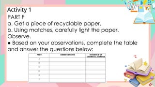 Activity 1
PART F
a. Get a piece of recyclable paper.
b. Using matches, carefully light the paper.
Observe.
● Based on your observations, complete the table
and answer the questions below:
 