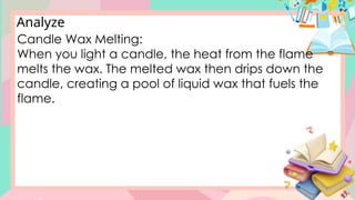 Analyze
Candle Wax Melting:
When you light a candle, the heat from the flame
melts the wax. The melted wax then drips down the
candle, creating a pool of liquid wax that fuels the
flame.
 