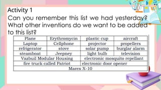 Activity 1
Can you remember this list we had yesterday?
What other inventions do we want to be added
to this list?
 