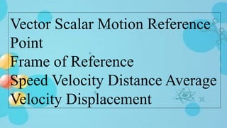 Vector Scalar Motion Reference
Point
Frame of Reference
Speed Velocity Distance Average
Velocity Displacement
 