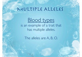 Multiple Alleles

     Blood types
 is an example of a trait that
      has multiple alleles.

   The alleles are A, B, O.
 