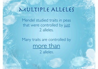 Multiple Alleles
 Mendel studied traits in peas
 that were controlled by just
          2 alleles.

Many traits are controlled by
       more than
           2 alleles.
 