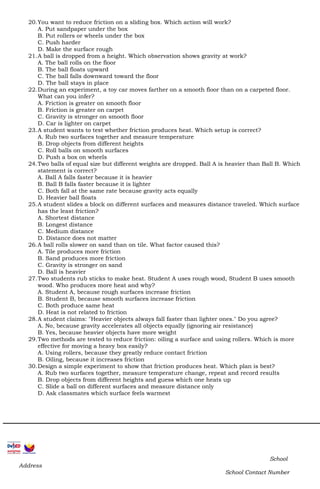 Grade 5 Science Third Quarter Summative Test on Forces and Friction | DOCX