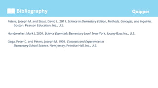 Bibliography
Peters, Joseph M. and Stout, David L. 2011. Science in Elementary Edition, Methods, Concepts, and Inquiries.
Boston: Pearson Education, Inc., U.S.
Handwerker, Mark J. 2004. Science Essentials Elementary Level. New York: Jossey-Bass Inc., U.S.
Gega, Peter C. and Peters, Joseph M. 1998. Concepts and Experiences in
Elementary School Science. New Jersey: Prentice Hall, Inc., U.S.
 