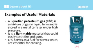 Learn about It!
• A liqueﬁed petroleum gas (LPG) is
a mixture of gas in liquid form and is
stored in a metal canister under high
pressure.
• It is a ﬂammable material that could
easily catch ﬁre and burn.
• LPG serves as a fuel for stoves which
are essential for cooking.
Examples of Useful Materials
LPG
 