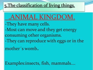 5.The classification of living things.

.ANIMAL KINGDOM.
-They have many cells.
-Most can move and they get energy
consuming other organisms.
-They can reproduce with eggs or in the
mother´s womb.
Examples:insects, fish, mammals….

 