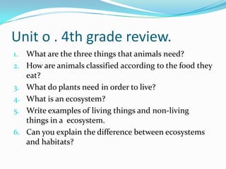 Unit o . 4th grade review.
1.
2.
3.

4.
5.
6.

What are the three things that animals need?
How are animals classified according to the food they
eat?
What do plants need in order to live?
What is an ecosystem?
Write examples of living things and non-living
things in a ecosystem.
Can you explain the difference between ecosystems
and habitats?

 