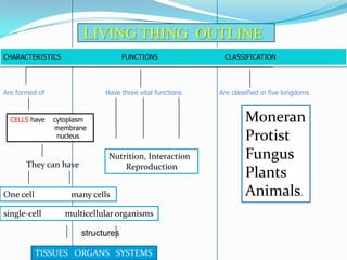 LIVING THING OUTLINE
CHARACTERISTICS

FUNCTIONS

Are formed of

CELLS have

Have three vital functions

cytoplasm
membrane
nucleus

They can have

One cell

Nutrition, Interaction
Reproduction

many cells

single-cell

multicellular organisms
structures

TISSUES ORGANS SYSTEMS

CLASSIFICATION

Are classified in five kingdoms

Moneran
Protist
Fungus
Plants
Animals.

 