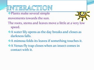 Plants make several simple

movements towards the sun.
The roots, stems and leaves move a little at a very low
speed.
A water lily opens as the day breaks and closes as
darkness falls.
A mimosa folds its leaves if something touches it.
A Venus fly trap closes when an insect comes in
contact with it.

 