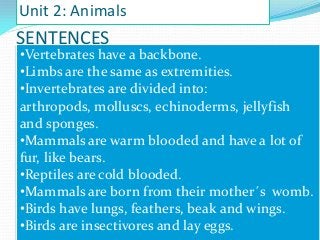 Unit 2: Animals

SENTENCES

•Vertebrates have a backbone.
•Limbs are the same as extremities.
•Invertebrates are divided into:
arthropods, molluscs, echinoderms, jellyfish
and sponges.
•Mammals are warm blooded and have a lot of
fur, like bears.
•Reptiles are cold blooded.
•Mammals are born from their mother´s womb.
•Birds have lungs, feathers, beak and wings.
•Birds are insectivores and lay eggs.

 