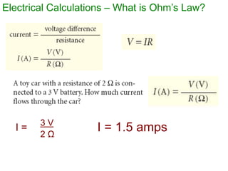 Electrical Calculations – What is Ohm’s Law?
I = 3 V
2 Ω
I = 1.5 amps
 