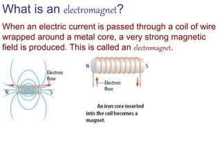 What is an electromagnet?
When an electric current is passed through a coil of wire
wrapped around a metal core, a very strong magnetic
field is produced. This is called an electromagnet.
 