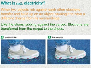 What is static electricity?
When two objects rub against each other electrons
transfer and build up on an object causing it to have a
different charge from its surroundings.
Like the shoes rubbing against the carpet. Electrons are
transferred from the carpet to the shoes.
 