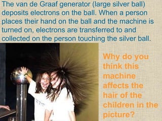 The van de Graaf generator (large silver ball)
deposits electrons on the ball. When a person
places their hand on the ball and the machine is
turned on, electrons are transferred to and
collected on the person touching the silver ball.
Why do you
think this
machine
affects the
hair of the
children in the
picture?
 