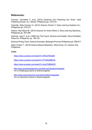 16
References:
CoroneL, Carmelita C, et.al, (2010) Exploring and Protecting Our Word, Vibal
Publishing House, Inc., Manila, Philippines pp. 215-216
Casimillo, Myla Corazon S. (2012) Science Works! 5, Diwa Learning Systems Inc.,
Philippines pp. 210-213
Hebron, Rea Marie M., (2015) Science for Active Minds 5, Diwa Learning Systmens,
Philippines pp. 267-268
Llarimas, Jose F. et.al, (1999) Into The Future: Science amd Health, Diwa Scholastic
Press Inc, Philippines, pp. 160-161
Science Writing Team, Science Exemplar, Batangas Province Philippines pp. 599-617
Sarte, Evelyn T., (2016) Science Beyond Boarders, Vibal Group, Inc. Quezon City
Philippines.
Links:
https://www.youtube.com/watch?v=XKUs7Dc9pKl
https://www.youtube.com/watch?v=P1H4b25BC04
https://www.youtube.com/watch?v=4pz37NMAH3Y
http://www.someshoolgames.com/kids-games/electromagnet/
For a Challenging Game on Electromagnets
http://www.harcourtschool.com/activity/electromagnets/
For an Interactive Game on Electromagnets
 
