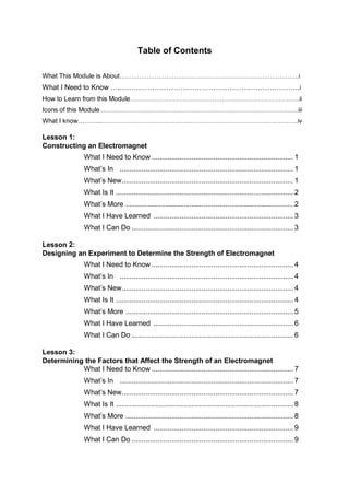 Table of Contents
What This Module is About………………………………………………………………………………..i
What I Need to Know …..………………………………………………………………….i
How to Learn from this Module…………………………………………………………………………...ii
Icons of this Module………………………………………………………………………………………...iii
What I know………..………………………………………………………………………………………..iv
Lesson 1:
Constructing an Electromagnet
What I Need to Know ....................................................................... 1
What’s In ....................................................................................... 1
What’s New...................................................................................... 1
What Is It ......................................................................................... 2
What’s More .................................................................................... 2
What I Have Learned ...................................................................... 3
What I Can Do ................................................................................. 3
Lesson 2:
Designing an Experiment to Determine the Strength of Electromagnet
What I Need to Know ....................................................................... 4
What’s In ....................................................................................... 4
What’s New...................................................................................... 4
What Is It ......................................................................................... 4
What’s More .................................................................................... 5
What I Have Learned ...................................................................... 6
What I Can Do ................................................................................. 6
Lesson 3:
Determining the Factors that Affect the Strength of an Electromagnet
What I Need to Know ....................................................................... 7
What’s In ....................................................................................... 7
What’s New...................................................................................... 7
What Is It ......................................................................................... 8
What’s More .................................................................................... 8
What I Have Learned ...................................................................... 9
What I Can Do ................................................................................. 9
 