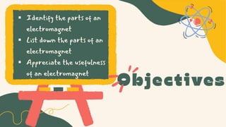  Identify the parts of an
electromagnet
 List down the parts of an
electromagnet
 Appreciate the usefulness
of an electromagnet
 