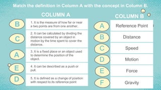 1. It is the measure of how far or near
a two points are from one another.
2. It can be calculated by dividing the
distance covered by an object in
motion by the time spent to cover the
distance.
3. It is a fixed place or an object used
to determine the position of the
object.
4. It can be described as a push or
pull.
5. It is defined as a change of position
with respect to its reference point
Match the definition in Column A with the concept in Column B.
A Reference Point
B Distance
C Speed
D Motion
E Force
F Gravity
COLUMN A COLUMN B
B
C
A
E
D
 