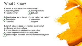 What I Know
6. Which is a cause of habitat destruction?
A. too many plants B. thriving animals
C. great weather D. pollution
7. Species that are in danger of going extinct are called?
A. endangered B. threatened
C. fossilized D. adapted
8. Which situation does not maintain biodiversity?
A. Growing plants on a farm
B. Protecting all the species in an ecosystem
C. Protecting the habitats in an ecosystem
D. Removing an important predator from the ecosystem
 