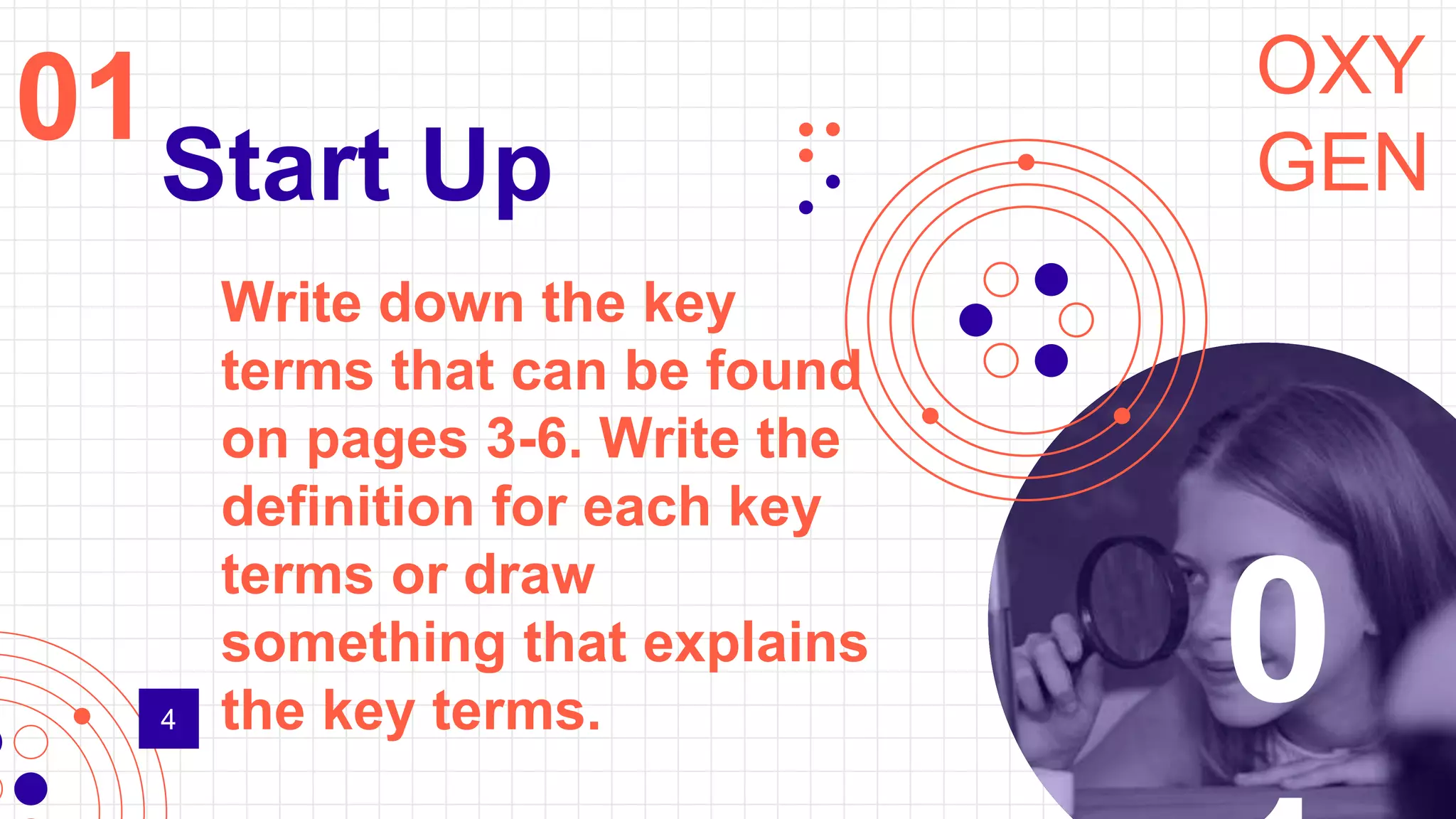 Start Up
01
Write down the key
terms that can be found
on pages 3-6. Write the
definition for each key
terms or draw
something that explains
the key terms.
0
4
OXY
GEN
 