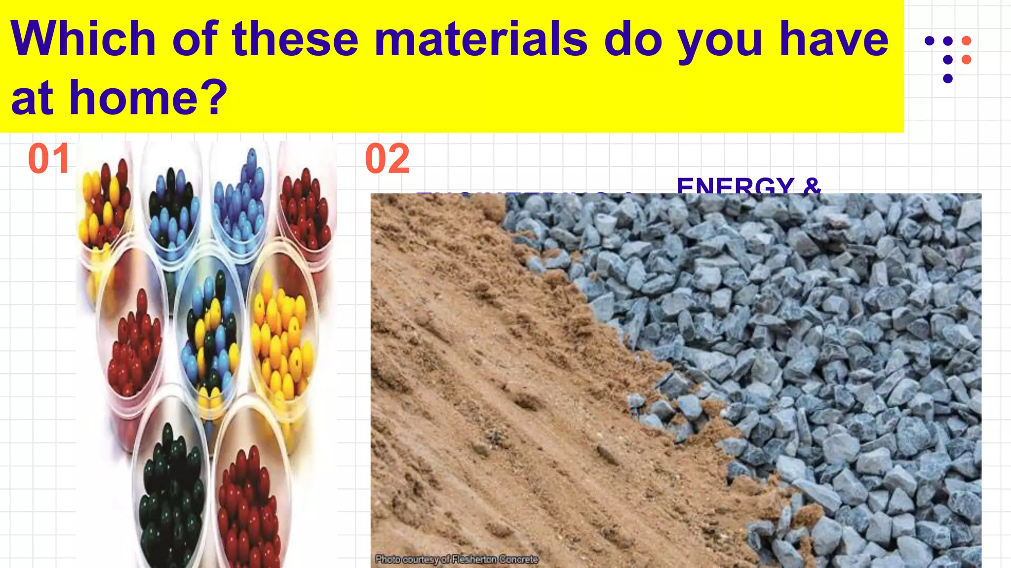 THE NATURE OF
SCIENCE
You can describe the topic
of the section here
01
Which of these materials do you have
at home?
ENGINEERING &
TECHNOLOGY
You can describe the topic
of the section here
02
ENERGY &
TRANSFORMATI
ON
You can describe the topic
of the section here
LIVING
THINGS
You can describe the topic
of the section here
04_
EARTH’S
FEATURES
You can describe the topic
of the section here
Li
 