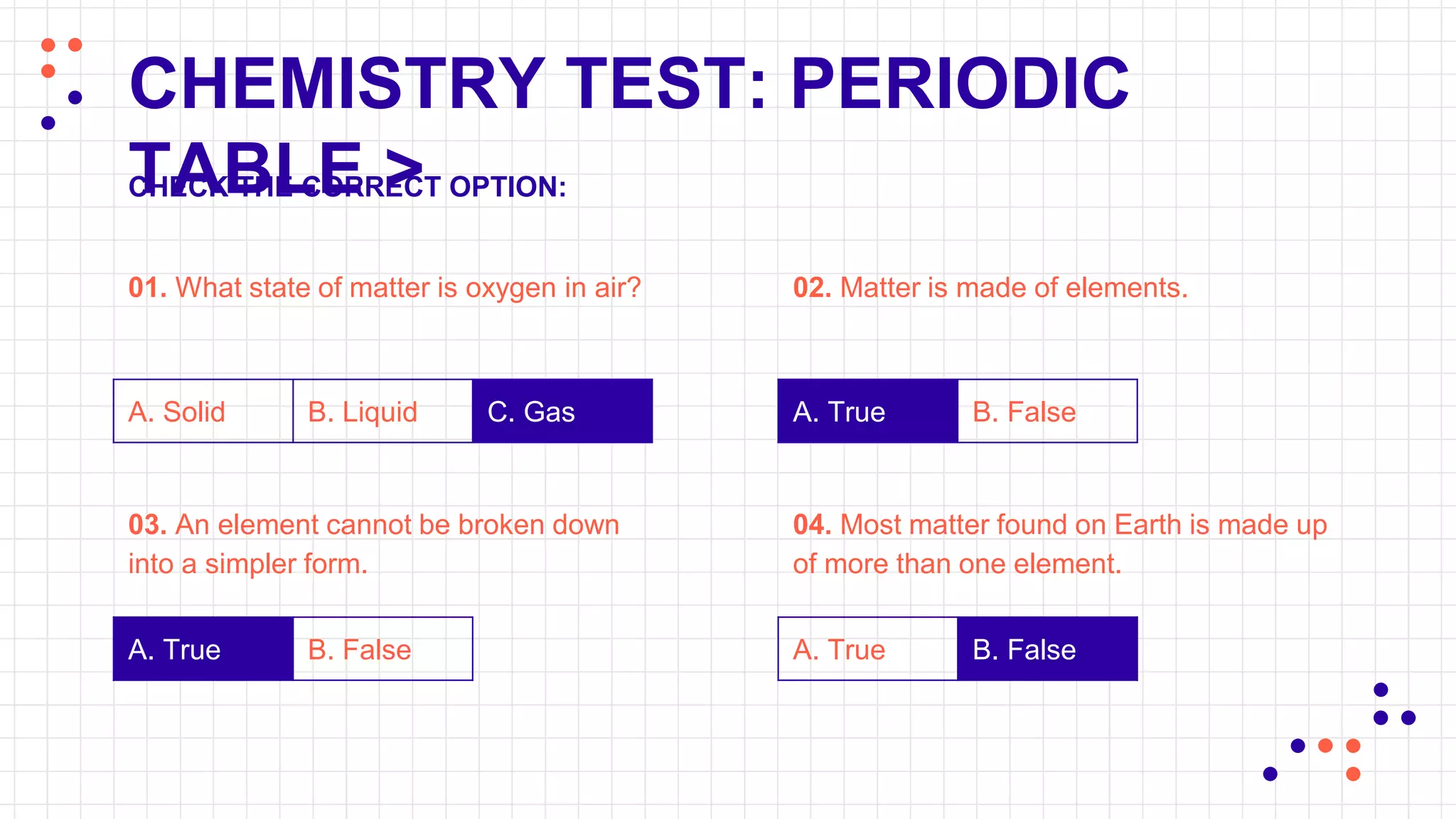 CHEMISTRY TEST: PERIODIC
TABLE >
01. What state of matter is oxygen in air?
A. Solid B. Liquid C. Gas
CHECK THE CORRECT OPTION:
03. An element cannot be broken down
into a simpler form.
A. True B. False
02. Matter is made of elements.
04. Most matter found on Earth is made up
of more than one element.
A. True B. False
A. True B. False
 